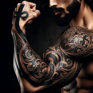 Hispanic Man Forearm Tattoo with Intricate Black Ribbon Design