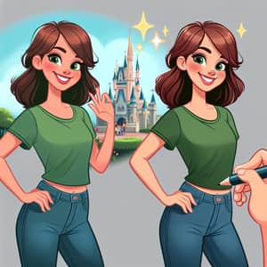 Smiling Woman in Disney Style with Green T-Shirt and Jeans