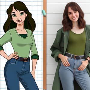 Disney-Style Woman in Green Shirt and Jeans Smiling