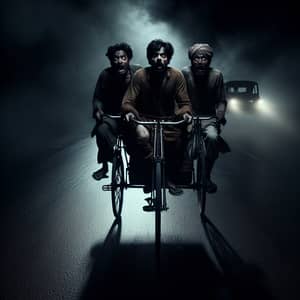 Horror Genre: Three Indian Men on Cycle Rickshaw at Night