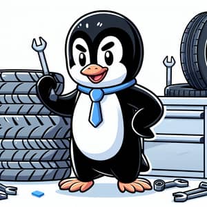 Lovable Black and White Penguin Working with Tyres | Mechanical Workshop