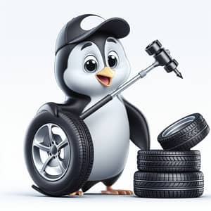 Comical Cartoon Penguin Mechanic - Fun Wheel and Tire Handling