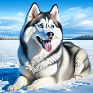 Detailed Image of a Playful Siberian Husky in Snowy Field