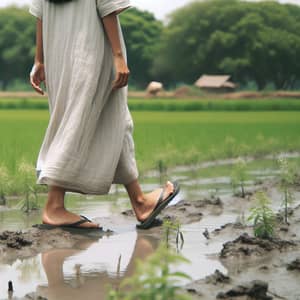 South Asian Girl Walking in Flip-flops in Mud