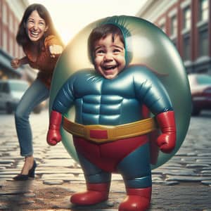 Toddler Superhero Holding Inflated Diaper Woman | 4K Cinematic Image
