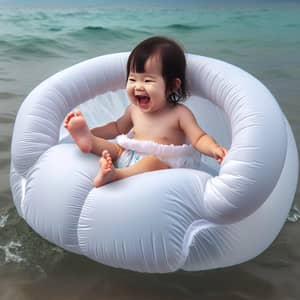 Asian Toddler Girl Floating on Giant Water-Filled Diaper