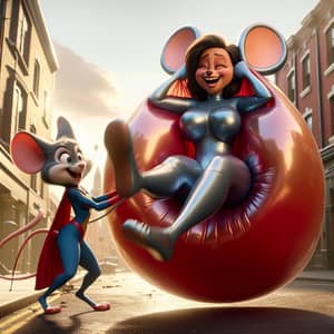 Superhero Minnie Mouse Saving Woman in Inflated Outfit