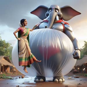 Disney Pixar Style Mythological Super-Elephant Hero Saves Indian Woman