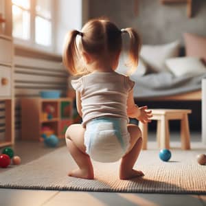 Cute Toddler Girl Squatting in Well-Lit Room