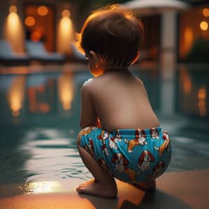 Adorable Toddler in Paw Patrol Swim Shorts by Pool at Dusk
