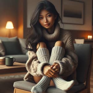 Cozy South Asian Girl in Minimalist Living Room
