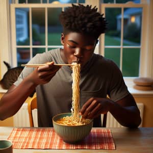 Black Teen Boy Enjoying Delicious Noodles at Home