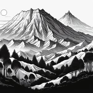 Black and White Illustrated Mountain Drawing