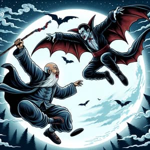 Epic Vampire vs. Monk Battle in Moonlit Night Sky