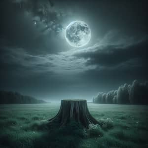 Silver Moonlit Scene with Tree Stump and Grass