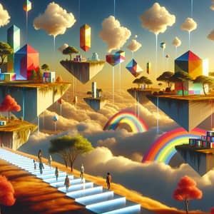 Surreal Landscape with Floating Islands and Rainbow Paths