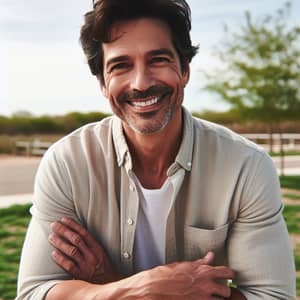 Middle-Aged Hispanic Man Smiling Outdoors in Casual Attire