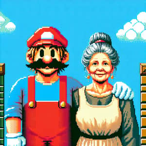 Retro Video Game Plumber and Motherly Figure in Pixelated World