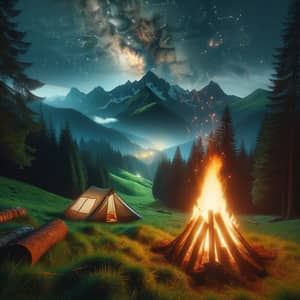Nighttime Mountain Meadow Bonfire & Tent Scene