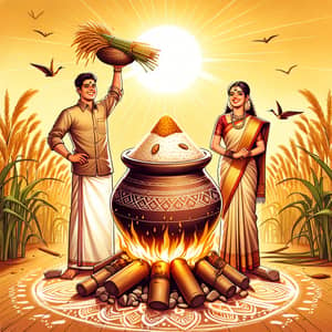 Celebrating Pongal: South Indian Harvest Festival Illustration