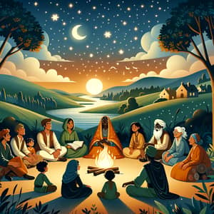 Multicultural Folklore Gathering Under Starry Night Sky