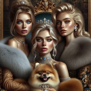 Opulent Portrait of Three Regal Women with Pomeranian Dog