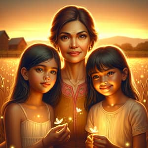 South Asian Mother and Daughters in Golden Field at Sunset