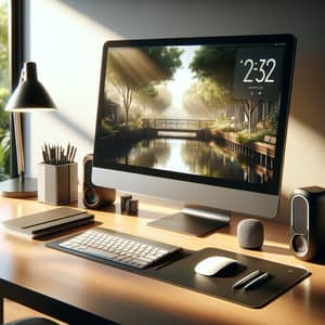 Modern Computer Setup on Sleek Wooden Desk