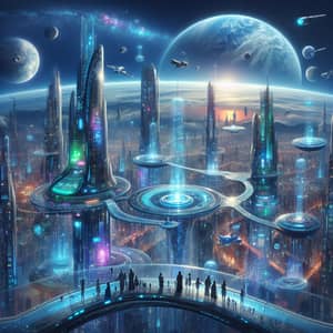 Futuristic Planet with Aerial Cities and Neon Lights
