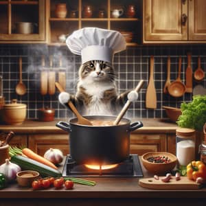 Cat Chef Cooking Soup in Rustic Kitchen