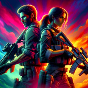 Intense 4K First-Person Shooter Inspired Image with Male and Female Characters in Abstract Background