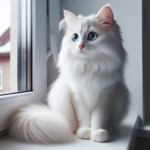 White Cat with Piercing Blue Eyes on Windowsill