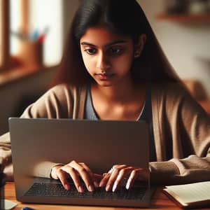 South Asian Girl Typing on Modern Laptop with Intense Concentration
