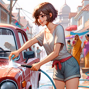 Cheerful woman washing classic red sedan in India
