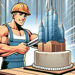 Cartoon Builder Celebrates Birthday with Skyscraper Cake