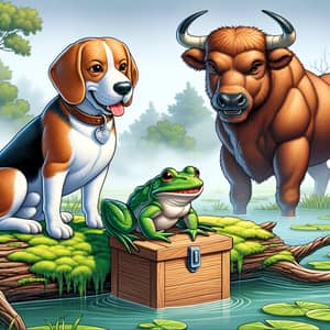Misty Marshland Scene with Beagle Dog, Frog, Fox, and Ox