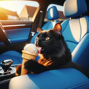Black Cat Enjoying Vanilla Ice Cream in Blue Car