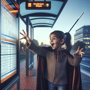 Enthusiastic Child Performing Magic at Urban Bus Shelter