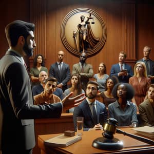 Diverse Courtroom Scene with Middle-Eastern Lawyer Presenting Case