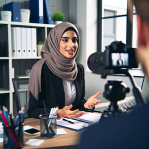 Professional Middle-Eastern Female Employee Engaged in Active Conversation