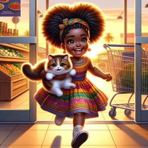 Joyful African Girl with Frizzy Hair and Fluffy Cat | Supermarket Scene