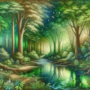 Serene Forest: Age-Old Trees, Flora & Fauna by a Crystal River