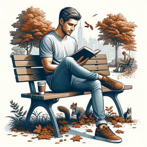 Urban Park Scene: Relaxing Adult Male Reading Book on Bench
