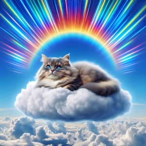 Fluffy Domestic Cat in Majestic Cloud with Rainbow