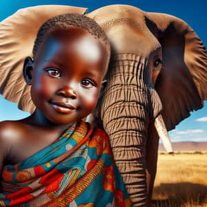 African Child and Elephant in Enchanting Bond | Savanna Wildlife Scene