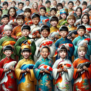 Diverse Children in Traditional Chinese Attire with Colorful Koi Fish