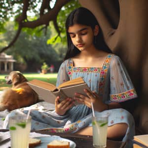Young South Asian Girl Reading Book Under Shady Tree