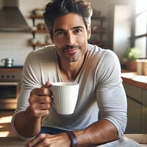 Handsome 40-Year-Old Hispanic Man Enjoying Freshly Brewed Coffee in Modern Kitchen