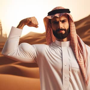 Traditional Saudi Man Flexing Muscles in Desert Sunset