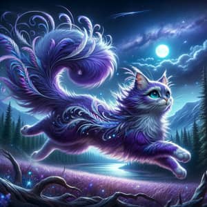 Majestic Purple Cat Running Through Mystical Night Forest